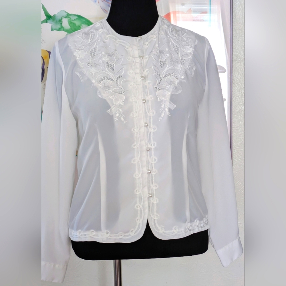 White Blouse with Embroidered Floral Detail & Corded Detail And Pearly Buttons